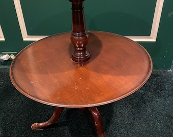 Vintage Mahogany 2‑Tier Dumbwaiter Table • Round Shelves • Turned Pedestal Stand