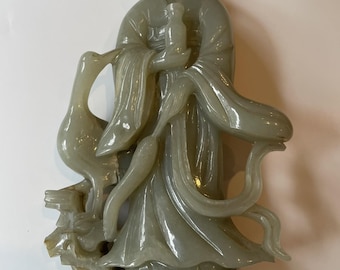 Celadon Nephrite Jade Figure – Woman & Crane – 1930s–40s Export Era – 1320 grams