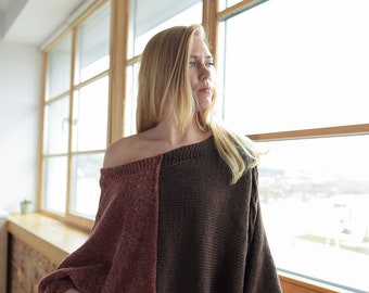 Brown Poncho Wool Hand Knitted Sweater Cape Two colors  Middle Wrap cable knit ladies pelerine Christmas Gift Cape Poncho in burn orange