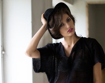 Czarna lniana prześwitująca tunika kimono Lekki dzianinowy letni sweter oversize Luźna dzianinowa góra warstwowa Przezroczysta koronkowa koszula na plecach Rozmiary niestandardowe Kolory