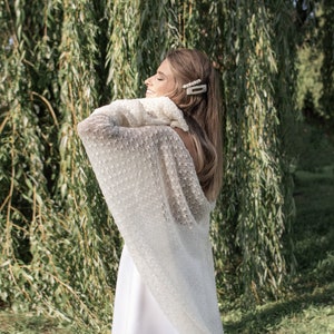 White ivory bridal shawl  Mohair scarf Lace shoulder cover up Knitted stole Warm wedding shawl wrap Cool evening Shawl Mother in law gift