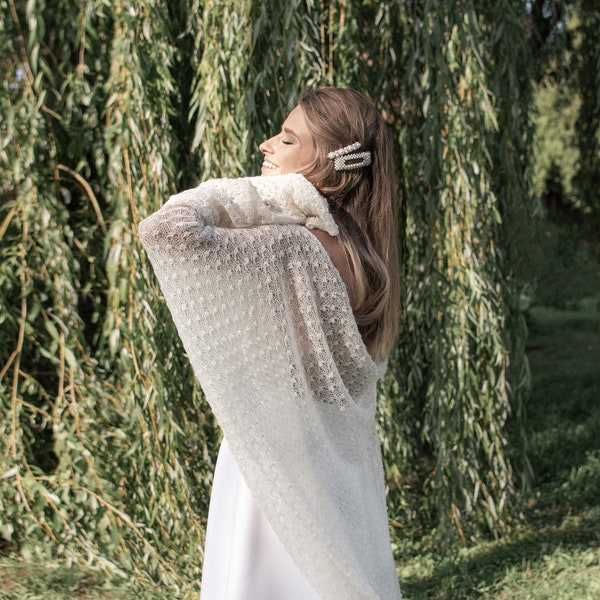 White ivory bridal shawl  Mohair scarf Lace shoulder cover up Knitted stole Warm wedding shawl wrap Cool evening Shawl Mother in law gift