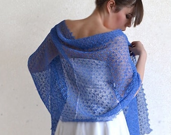 Blue linen sheer shawl Wedding light cover up Lace bridesmaids shawls Boho scarf wrap Loose knit evening cape Elegant gauzy summer stole