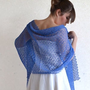 Blue linen sheer shawl Wedding light cover up Lace bridesmaids shawls Boho scarf wrap Loose knit evening cape Elegant gauzy summer stole image 1