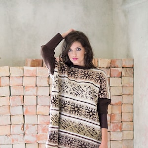 Beige Brown Knit Pullower Sweater Nordic Oversize Bat Sweater Chunky Hand Knitted Cardigan Wool Blend Sweater image 1