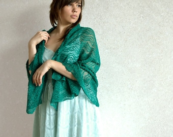 Chal de punto verde esmeralda, sobremangas ligeras de lino, estola de encaje para bodas, chal para damas de honor, bufanda de punto vaporosa, chal transparente de verano.