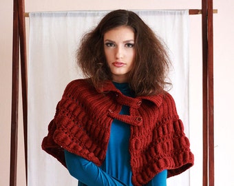 Brown Wool Wrap Auburn Cape Chestnut Chunky Poncho Rustic Brown Knitted Cape Fall Wool Wrap
