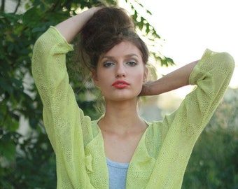 Jaqueta de linho solta cardigan de malha limão amarelo sheer quimono top verde feminino blazer frontal aberto suéter de ombro caído, tamanho e cor personalizados