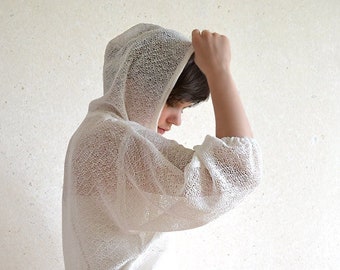 Summer hooded linen sweater Natural vegan sweater Lightweight sheer pullover White oversized hoodie top Loose fit jersey Eco sweatshirt