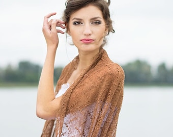 Brown Linen Lace Shawl Knitted evening shoulders cover up Sheer Bridesmaid Stole Gauze lightweight scarf wrap Loose knit summer wedding cape