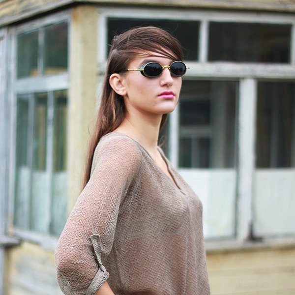 Knit linen sweater with 3/4 sleeves Summer beach blouse Light Brown Top Sweater with longer back Eco clothing Knitted Sheer ladies sweater