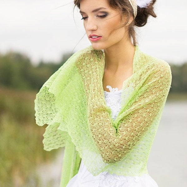 Écharpe en lin vert clair Châle de demoiselles d'honneur Chartreause, étole en tricot bohème transparent, cache écharpe en dentelle de mariage sur la plage