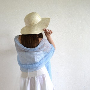 Light blue lace shawl Pastel linen scarf wrap Beach wedding bridesmaid stole Sheer summer evening cover up Gauze boho knitted cape gift image 1