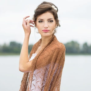 Brown Linen Lace Shawl Knitted evening shoulders cover up Sheer Bridesmaid Stole Gauze lightweight scarf wrap Loose knit summer wedding cape