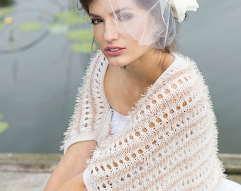 Boléro transparent en tricot de dentelle de mariage ivoire duveteux haussement d'épaules tricoté à la main occasionnels épaules de soirée couvrent la veste de fureur de champagne