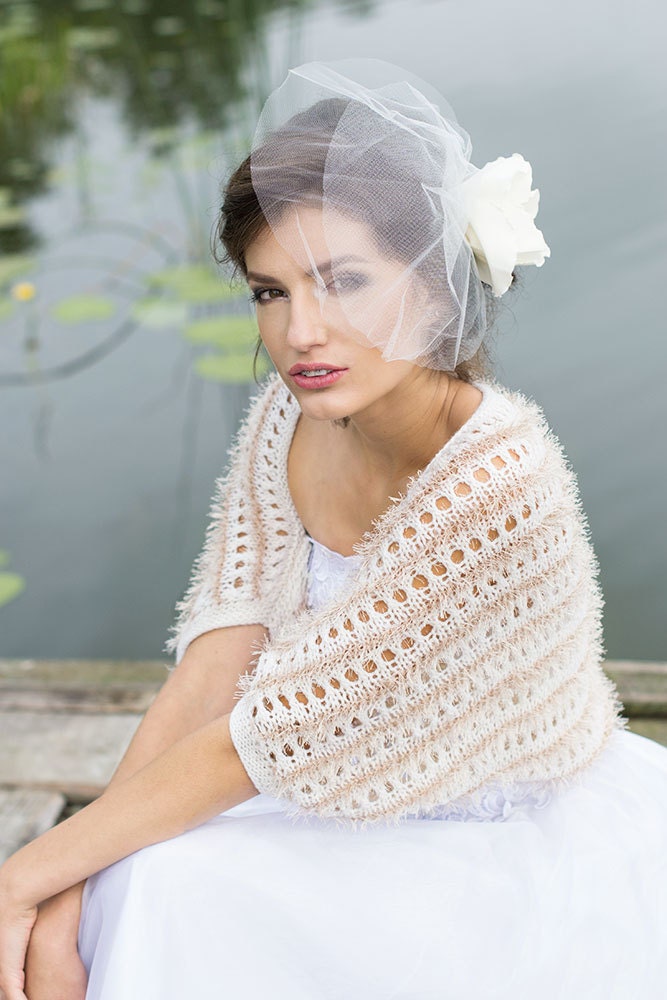 Ivory fluffy bridal shrug Wedding lace knit sheer bolero Occasional warm hand knitted shrug Evening shoulders cover up Champagne fury jacket