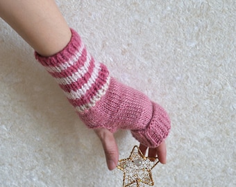 Pink knit  mittens Striped fingerless gloves Hand knitted wrist warmers Cozy wool arm warmers Autumn lilac mitts Ladies present fingerless