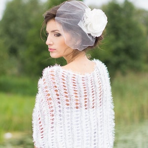 Bridal knit white shrug Wedding lace cover up Hand knitted fluffy bride bolero Evening light shoulders wrap Bridesmaid present shrug topper