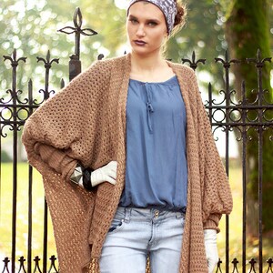 Oversized knit cardigan Open front wool cardigan wrap Women knitted jacket Bat sleeves sweater Camel loose fit coat with no closure image 5