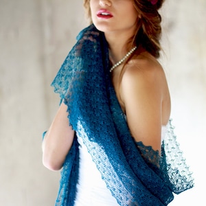 Teal Blue Linen Scarf  Linen Shawl Wedding Lace Stole Bridesmaid Gift Scarf Boho Shawl Knitted Shawl Peacock Scarf Occasion Lace Scarf
