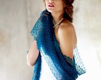 Teal Blue Linen Scarf  Linen Shawl Wedding Lace Stole Bridesmaid Gift Scarf Boho Shawl Knitted Shawl Peacock Scarf Occasion Lace Scarf