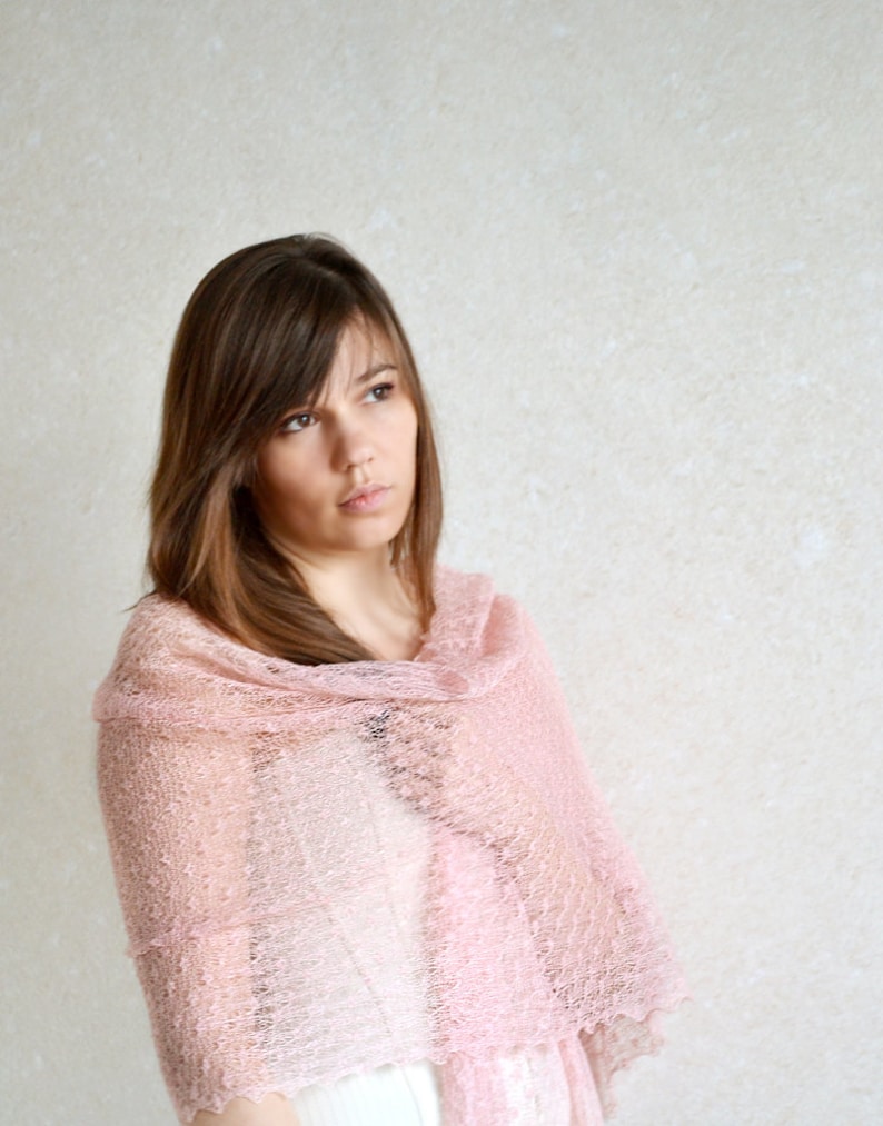 Blush Pink Linen Shawl Wedding Lace Scarf Bridesmaid Shawl bridal cover up Summer Shawl Knit Stole Sheer Wrap Knitted Gauzy Beach cover up image 3
