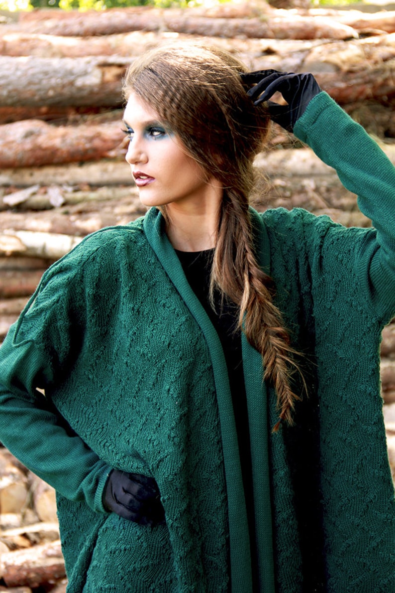 Emerald Oversized Cardigan Knitted Merino Wool Jacket Ultramarine Green Bat Sweater, Many Ways to Wear Cardigan image 2