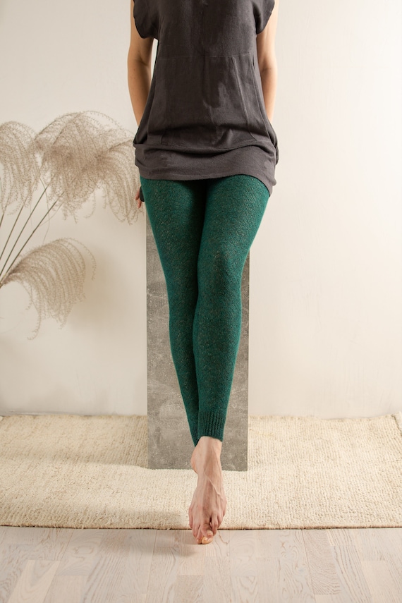 Knit Alpaca Leggings Slim Fit Fall Pants Emerald Green Knitted