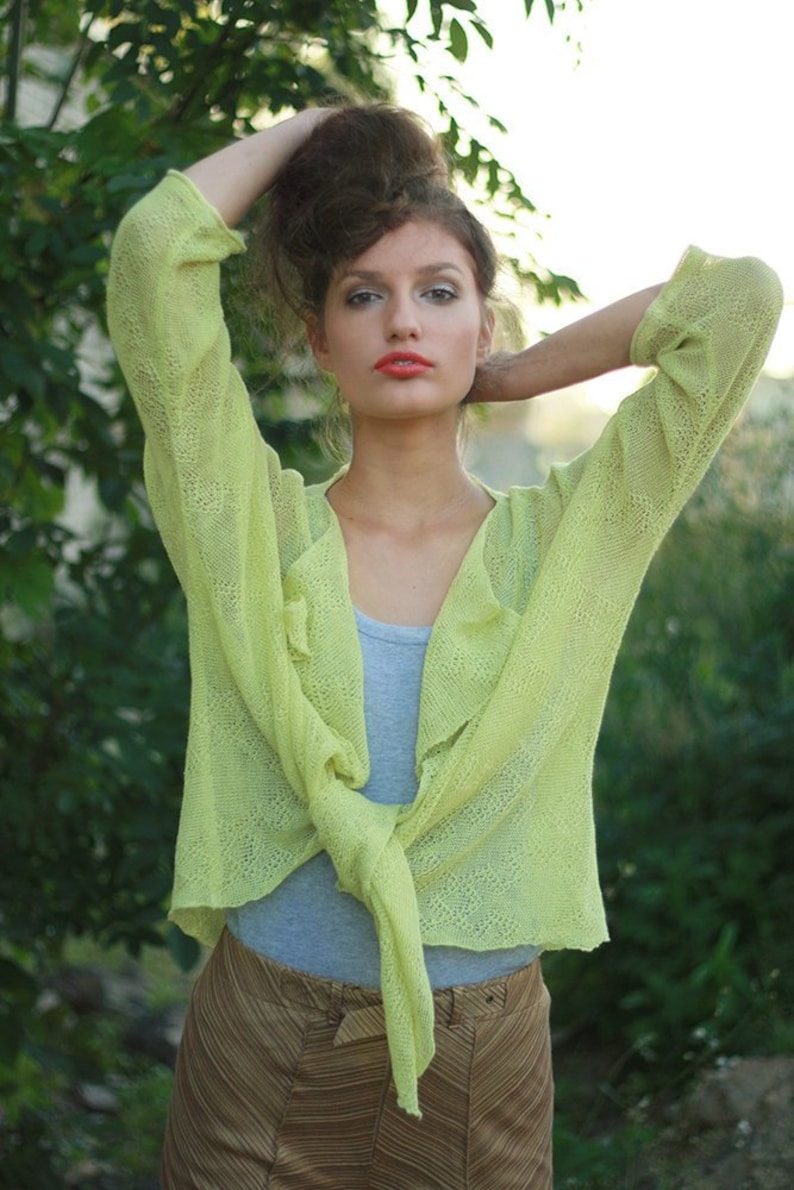 Loose linen jacket Lime knit cardigan Yellow sheer kimono top Green women open front blazer Drop shoulder sweater Custom Size and Color