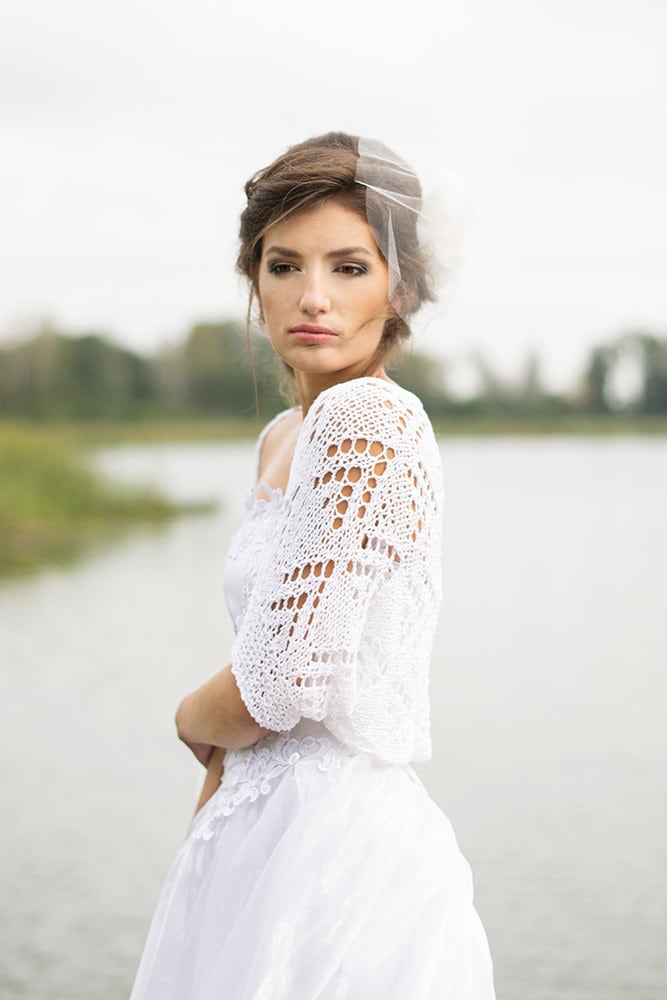 White Bridal Knit Shrug Wedding Lace Jacket Hand Knitted Cotton