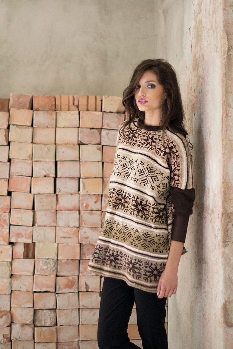 Beige Brown Knit Pullower Sweater Nordic Oversize Bat Sweater Chunky Hand Knitted Cardigan Wool Blend Sweater image 3