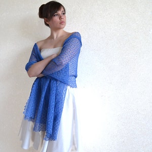 Blue linen sheer shawl Wedding light cover up Lace bridesmaids shawls Boho scarf wrap Loose knit evening cape Elegant gauzy summer stole image 3