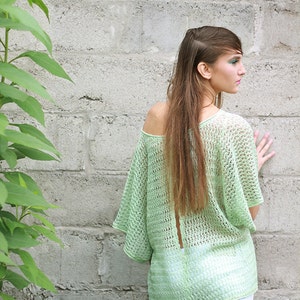 Linen kimono green sheer blouse Oversized slouchy sweater off shoulder sweater Backless Top Light loose knit shirt, Custom Size And Color