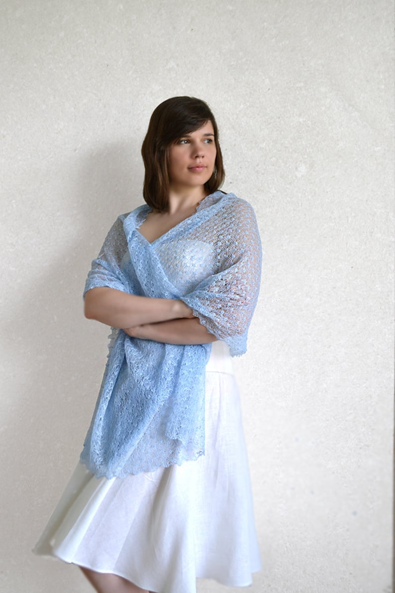 Light blue lace shawl Pastel linen scarf wrap Beach wedding bridesmaid stole Sheer summer evening cover up Gauze boho knitted cape gift image 6