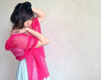 Hot Pink Linen Scarf Fuchsia Shawl Lace Stole Magenta Bridesmaids Scarves Pink Flambe Knitted Wrap