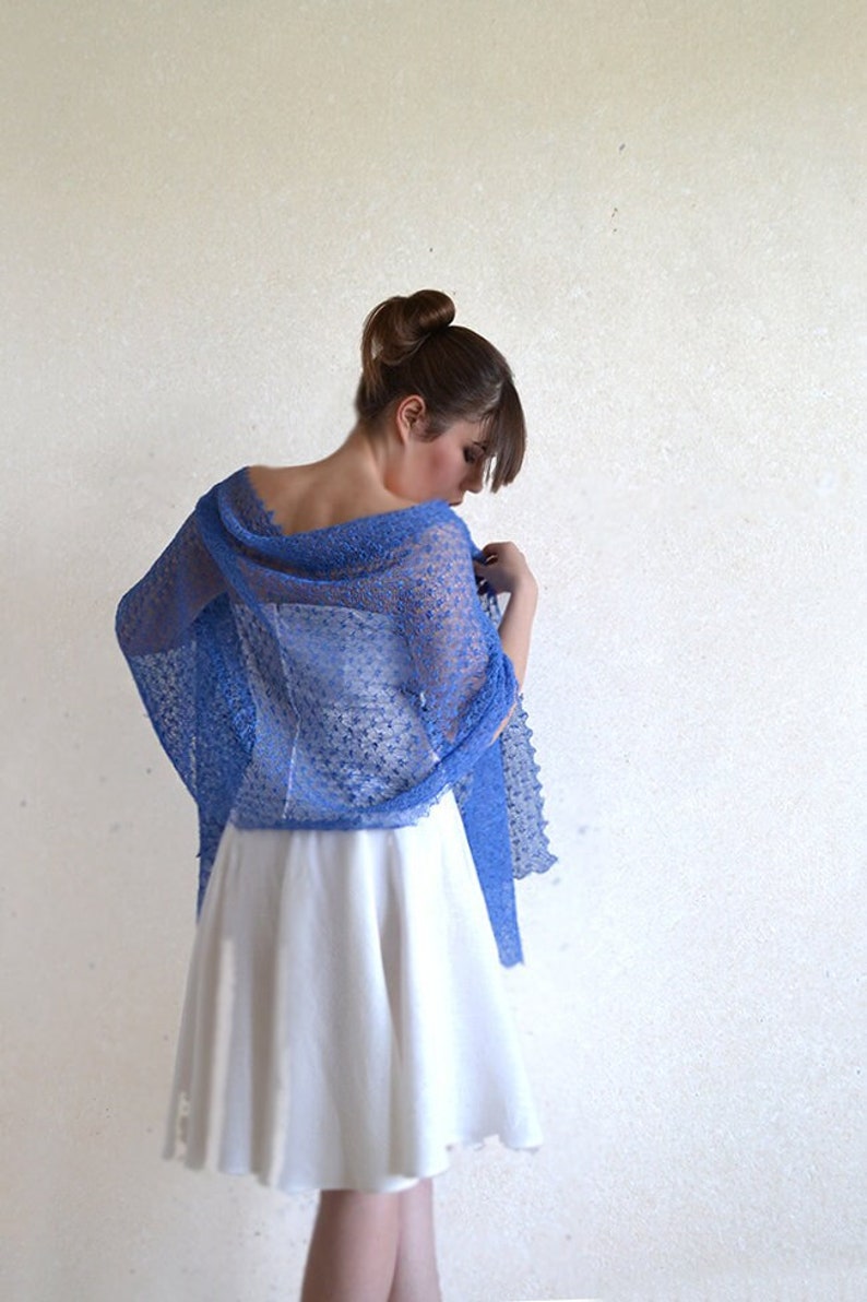 Blue linen sheer shawl Wedding light cover up Lace bridesmaids shawls Boho scarf wrap Loose knit evening cape Elegant gauzy summer stole image 1