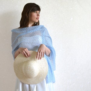 Light blue lace shawl Pastel linen scarf wrap Beach wedding bridesmaid stole Sheer summer evening cover up Gauze boho knitted cape gift image 4