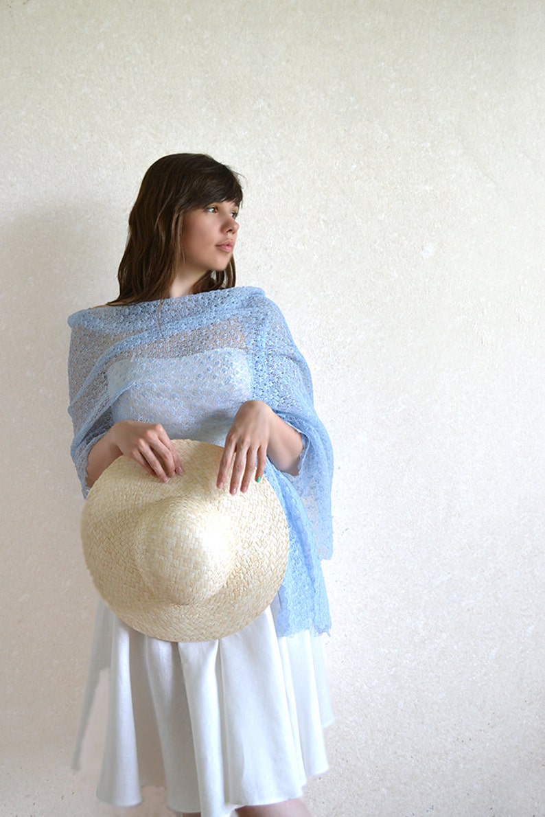 Light blue lace shawl Pastel linen scarf wrap Beach wedding bridesmaid stole Sheer summer evening cover up Gauze boho knitted cape gift image 4