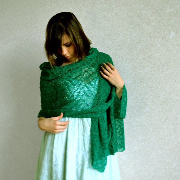 Emerald wedding lace shawl Bridesmaids shawls Linen knit gauze scarf Mother of the groom gift scarf Knitted stole Lightweight summer shawl