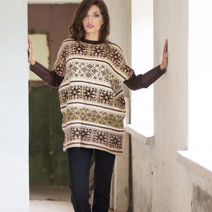 Beige Brown Knit Pullower Sweater Nordic Oversize Bat Sweater Chunky Hand Knitted Cardigan Wool Blend Sweater image 10