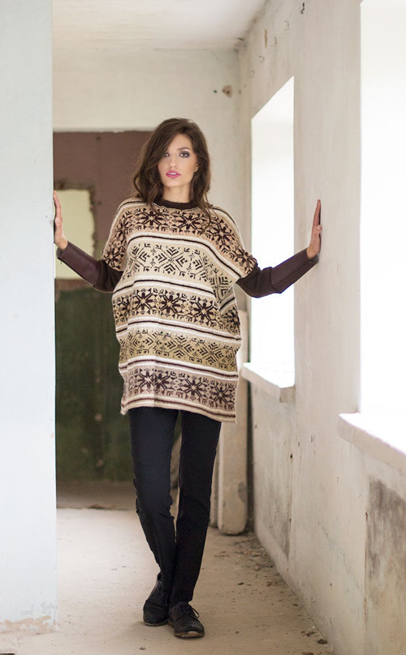 Beige Brown Knit Pullower Sweater Nordic Oversize Bat Sweater Chunky Hand Knitted Cardigan Wool Blend Sweater image 10