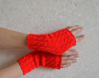 Red cables fingerless gloves Gift her crimson mittens Hand knitted arm warmers Short wool gloves Bohemian winter wristlets mittens