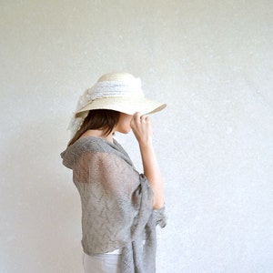 Natural linen tan shawl Bridesmaid lace stole Lightweight Boho wrap Eco friendly gift cape Beach wedding scarf Knit shoulders cover up