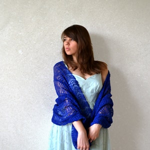 Blue Summer Wedding Shawl Bridesmaid present shawl Bright linen sheer scarf Light knit lace stole Knitted wrap scarf Beach Wedding Cove up