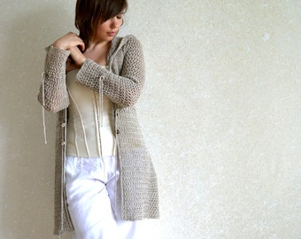 Natural linen hooded cardigan Loose knit summer coat Gray hoodie top Organic linen sweater Eco friendly cardigan