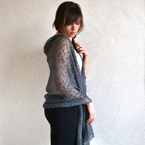 Gray Linen Scarf  Lace knit Shawl Bridesmaids Stole Boho Wedding Scarf Sheer Stole Transparent Evening Cover up Lightweight party shawl