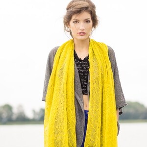 Linen mustard shawl Boho wedding scarf Lace bridesmaid gift shawl Misted yellow cover up Saffron bright wrap Knitted chartreause stole image 3