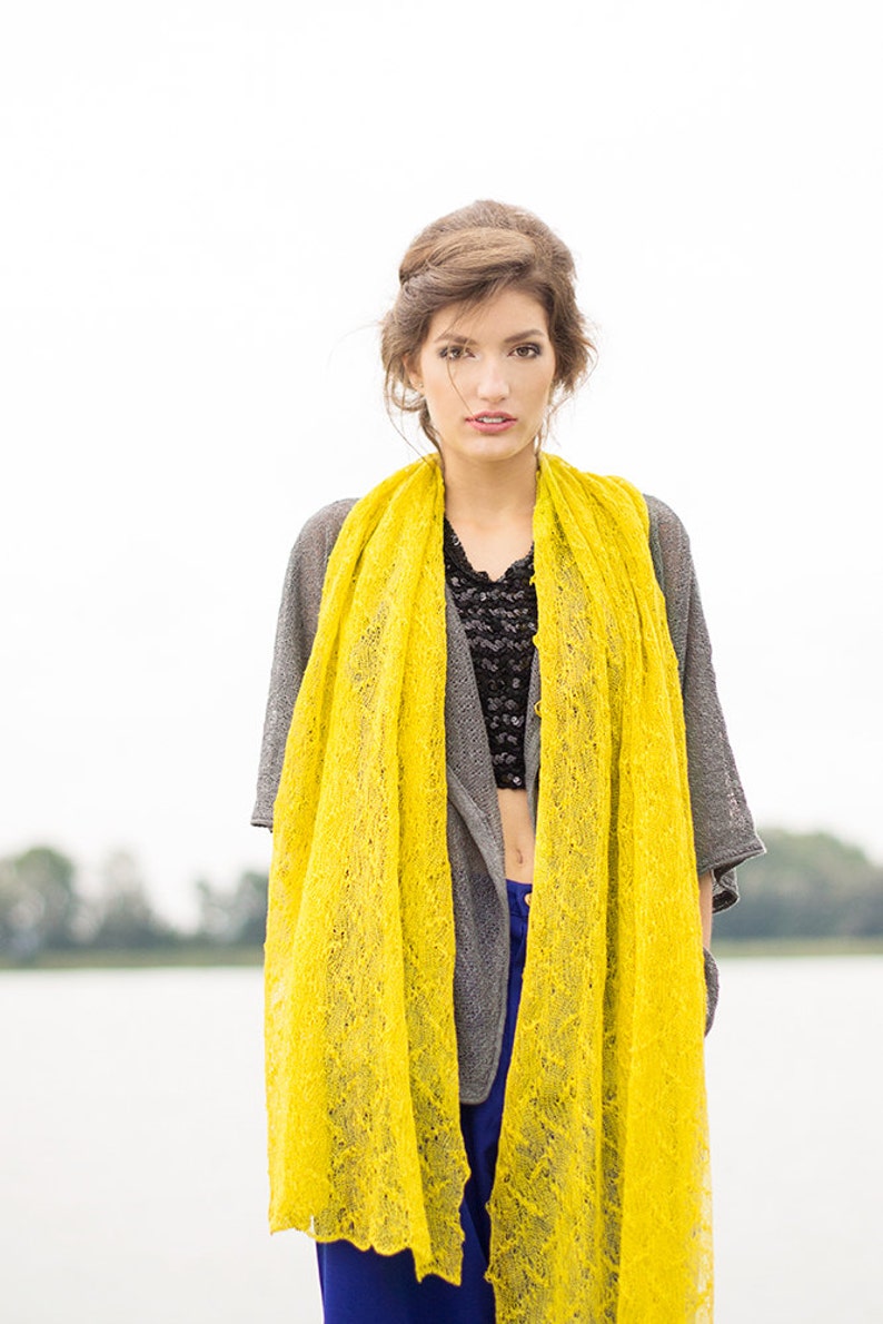 Linen mustard shawl Boho wedding scarf Lace bridesmaid gift shawl Misted yellow cover up Saffron bright wrap Knitted chartreause stole image 3