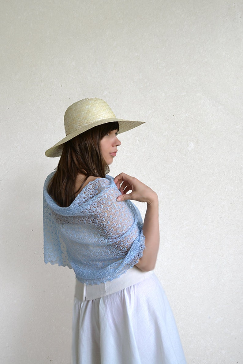 Light blue lace shawl Pastel linen scarf wrap Beach wedding bridesmaid stole Sheer summer evening cover up Gauze boho knitted cape gift image 3