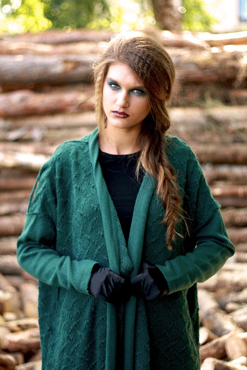 Emerald Oversized Cardigan Knitted Merino Wool Jacket Ultramarine Green Bat Sweater, Many Ways to Wear Cardigan image 6